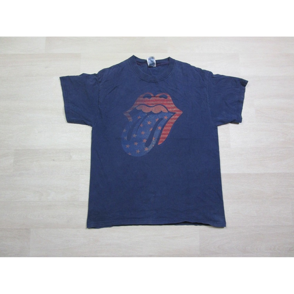 Vintage Y2K Rolling Stones Band T Shirt Men's Sz M Blue USA Flag 2004 Rock Music